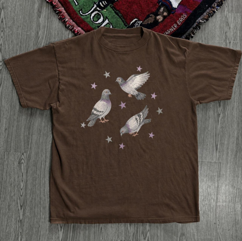 Brown Vintage 90s Graphic Tee With Three Pigeons And Purple Stars